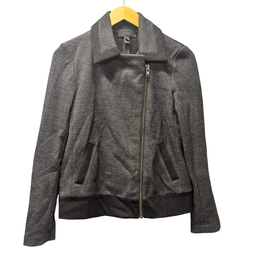J Crew Jacket Womens 6 Gray Full Offset Zip Wool Blend Moto‎ Stretch + Pockets